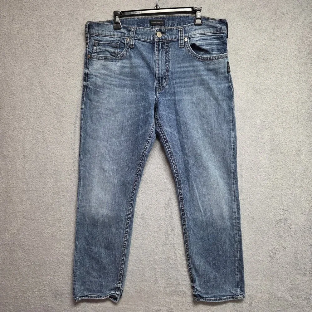 Silver Jeans Mens 36x29 Blue Eddie Relaxed Straight Stretch Denim Distressed